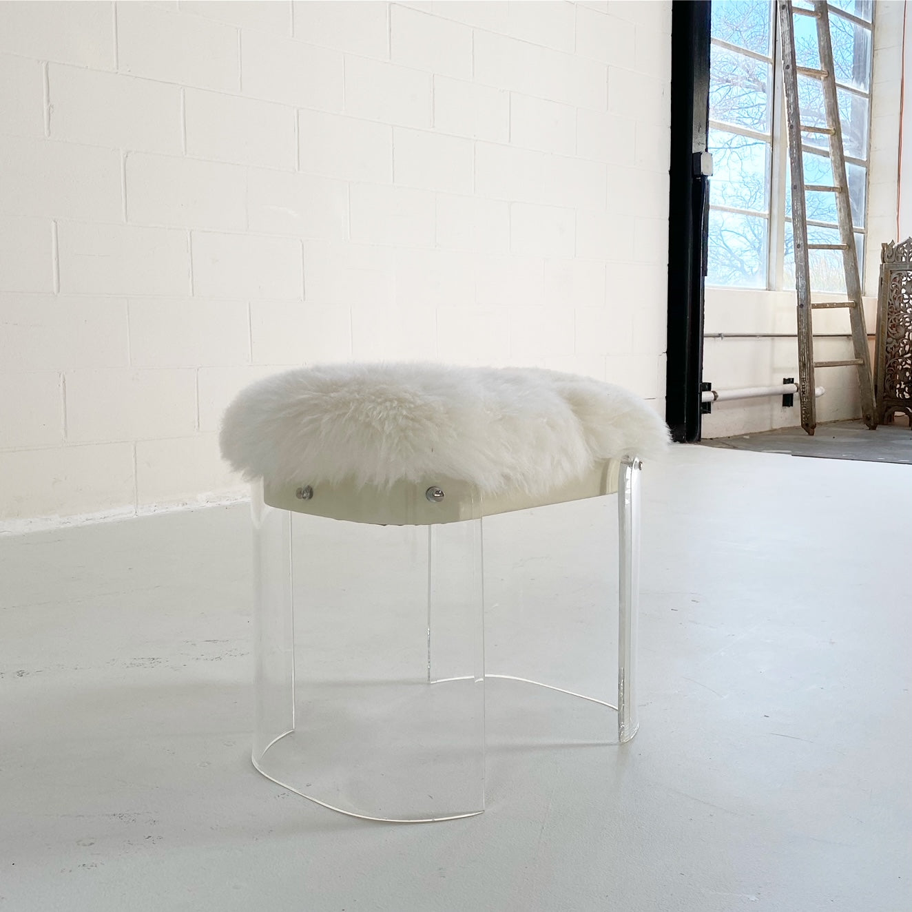 Charles Hollis Jones Style Lucite Vanity Stool in New Zealand Sheepskin