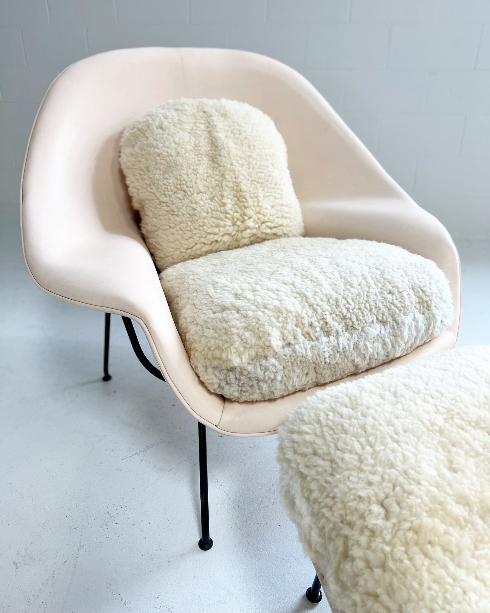 One of a Kind Womb Chair and Ottoman in Leather and Sheepskin
