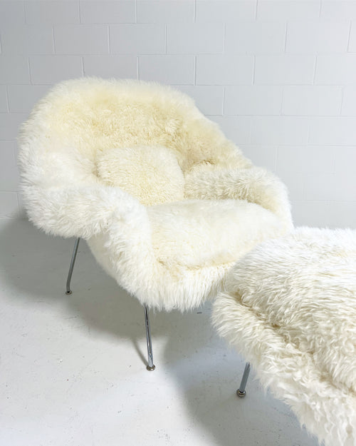 Bespoke Womb Chair and Ottoman in Wavy New Zealand Sheepskin