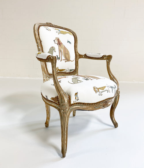 18th c. Louis XV Fauteuil Chair in Chelsea Textiles 'Dogs Socialising'