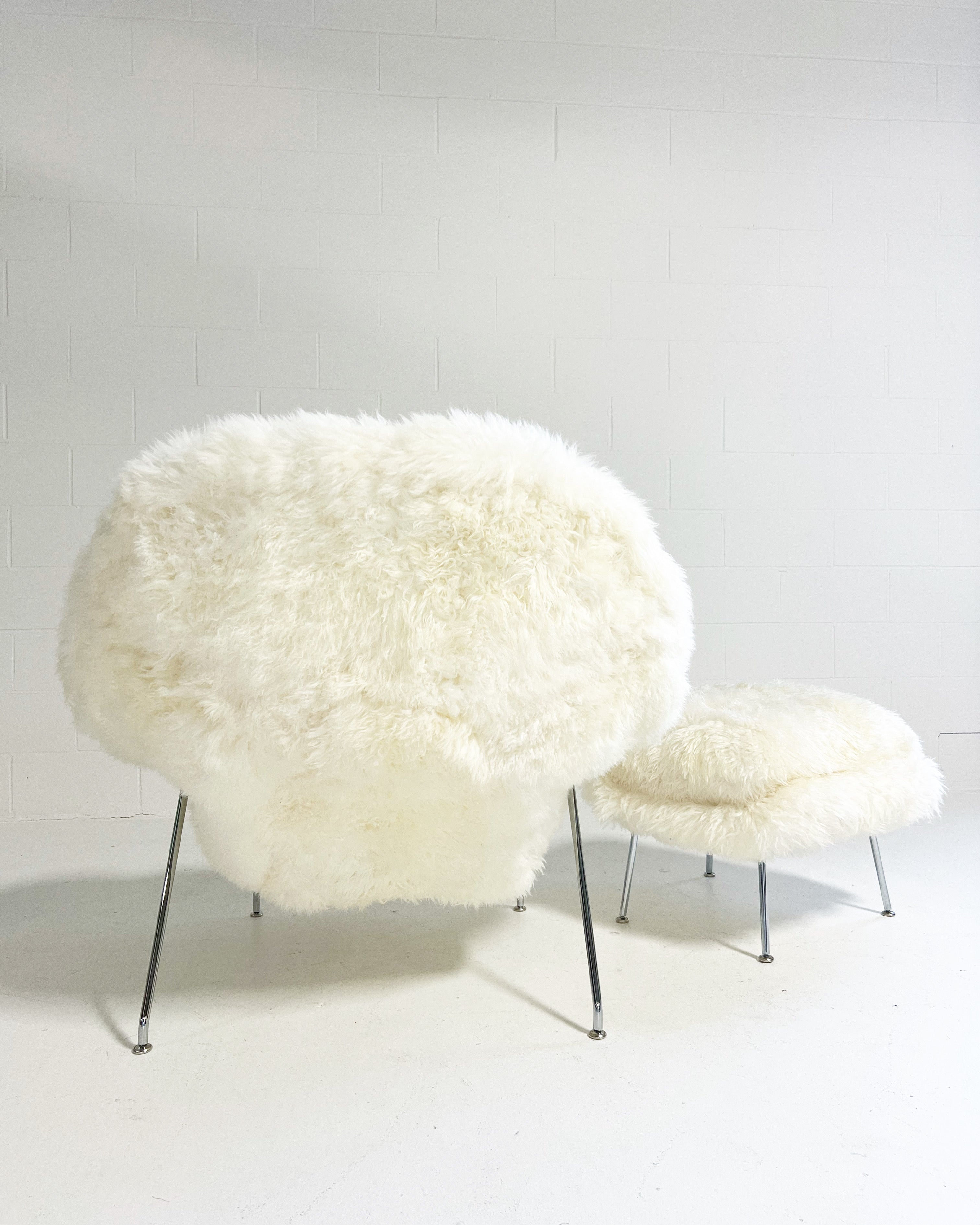 Bespoke Womb Chair and Ottoman in Wavy New Zealand Sheepskin