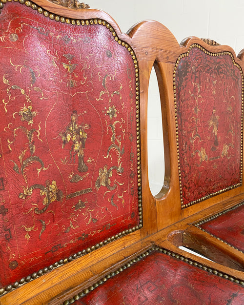 Vintage English Pine and Embossed Leather Bench