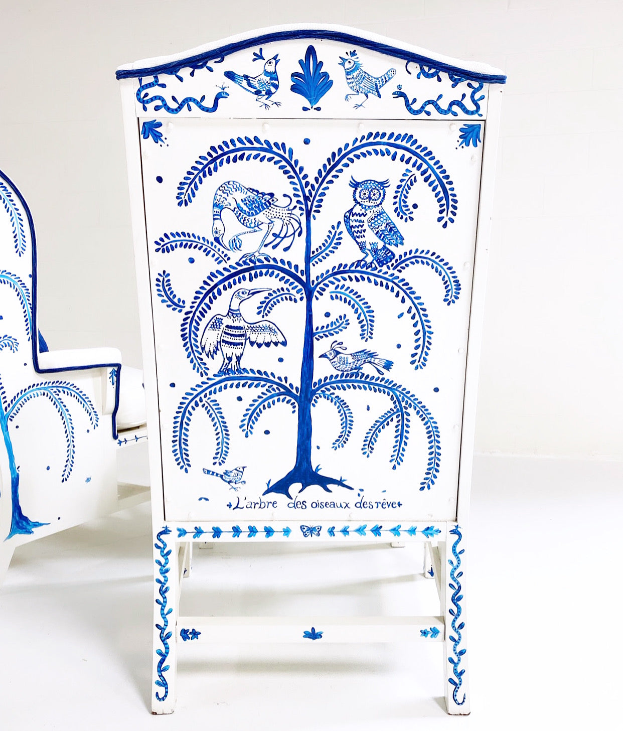 One-of-a-Kind, Hand-Painted 'Tree of Dream Birds' Set, Pair of Wingbacks with Ottoman