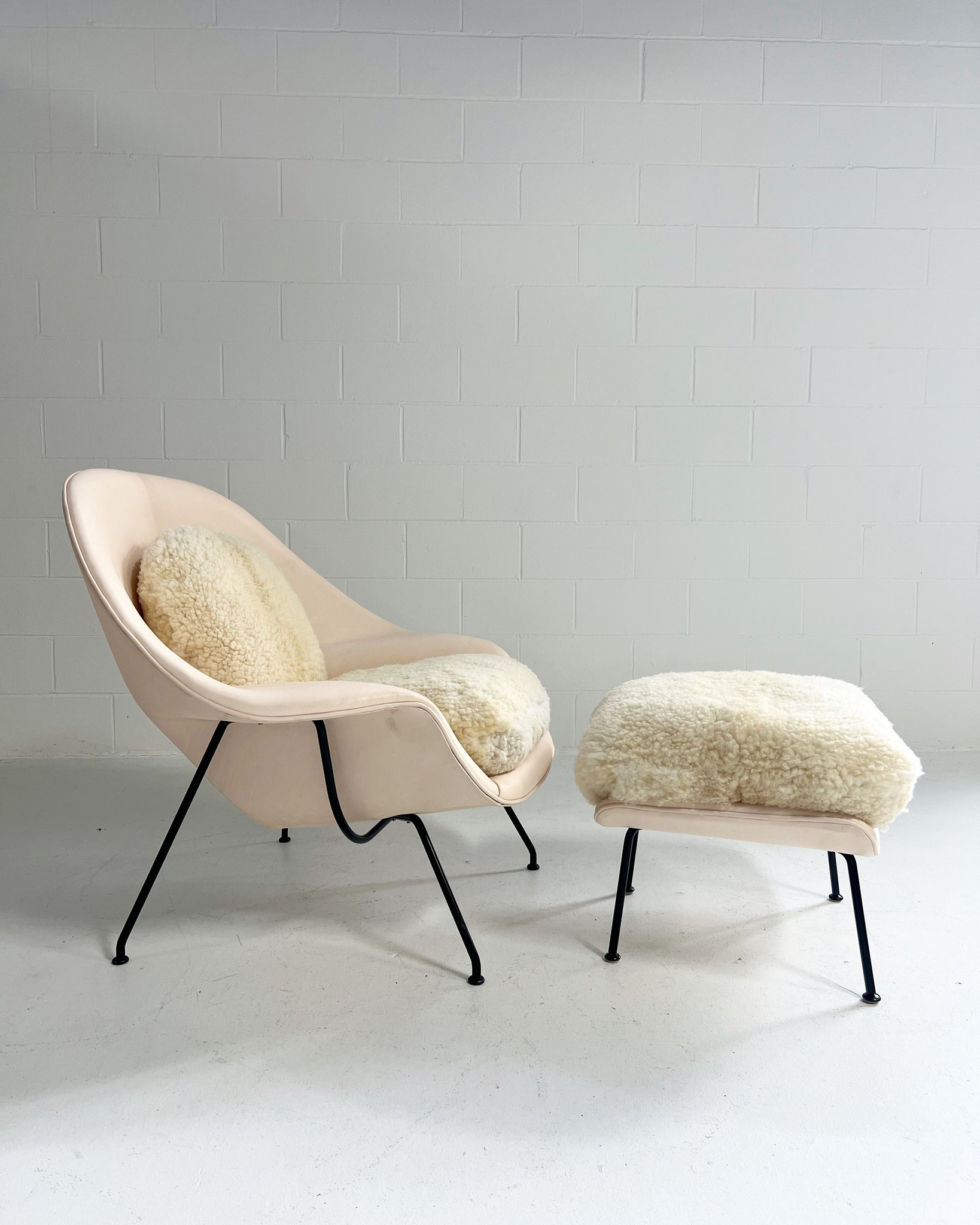 One-of-a-Kind Womb Chair and Ottoman in Leather and Sheepskin