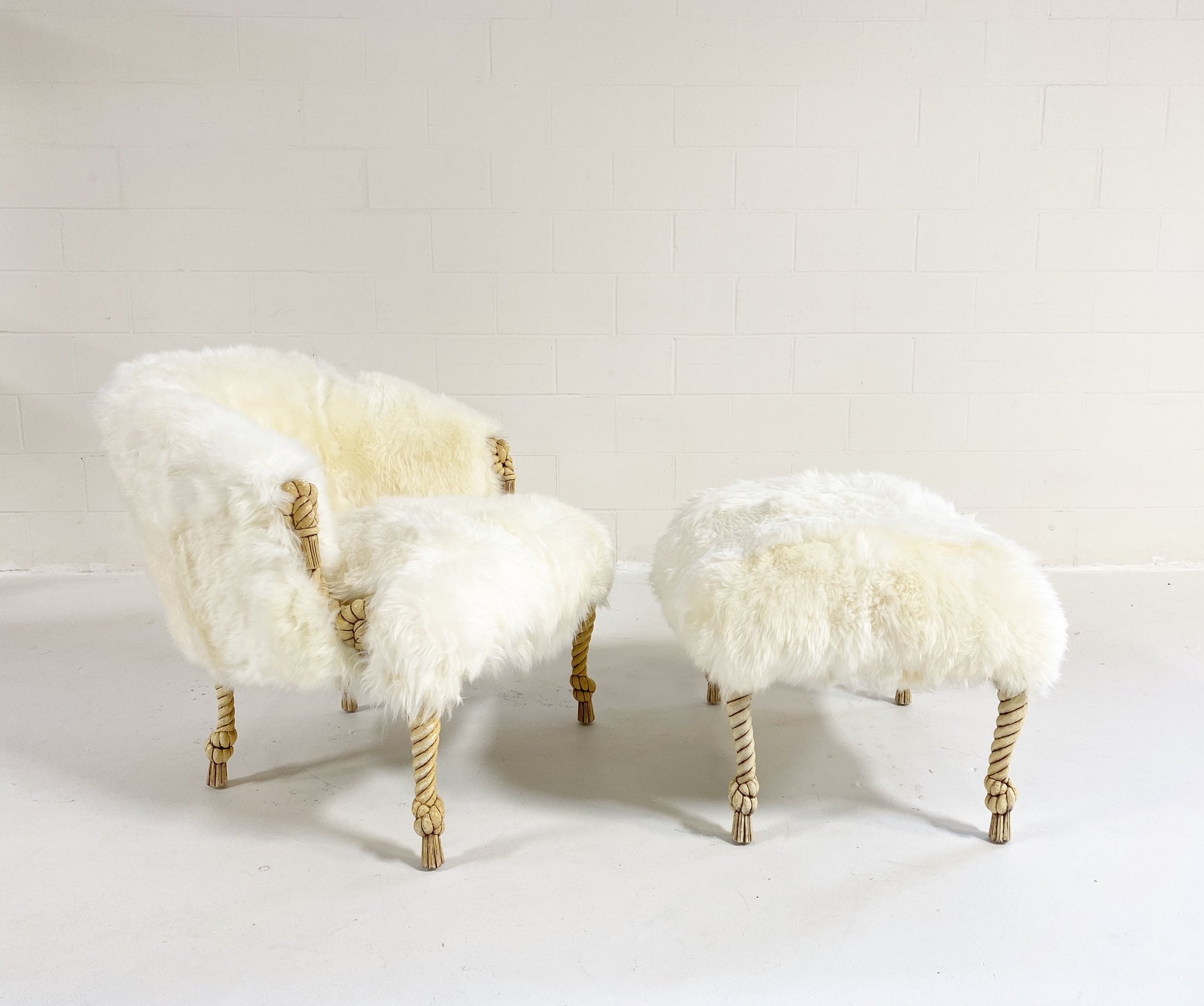 Napoleon III Style Twisted Rope and Tassel Carved Armchair and Ottoman Restored in Sheepskin