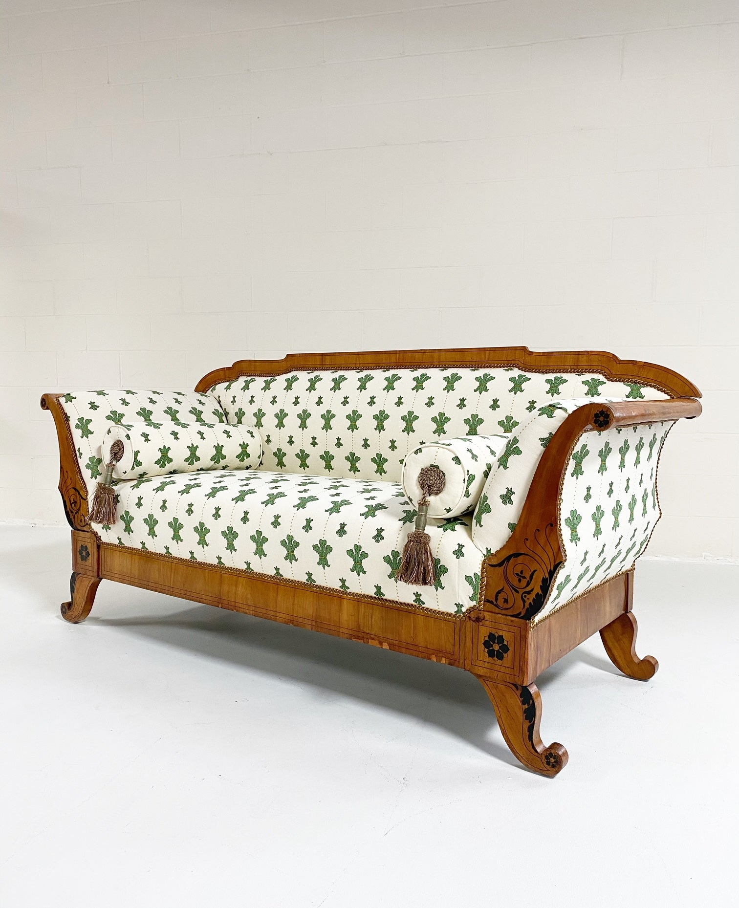 19th Century Biedermeier Parcel Ebonized Walnut Sofa in Beata Heuman "Florentine Flowers"