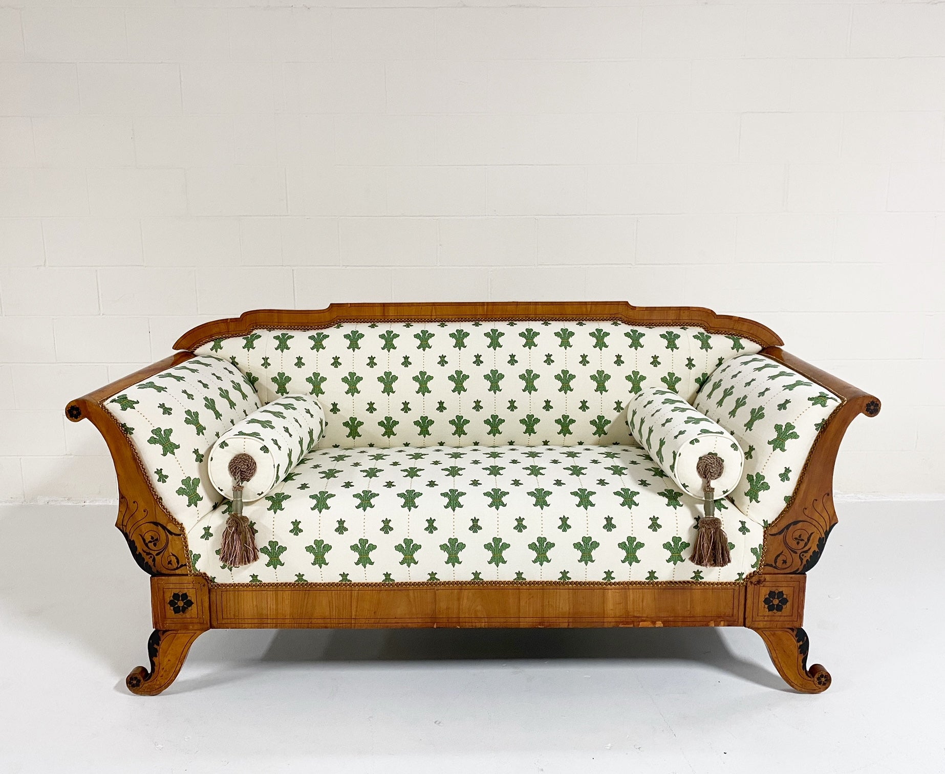 19th Century Biedermeier Parcel Ebonized Walnut Sofa in Beata Heuman "Florentine Flowers"