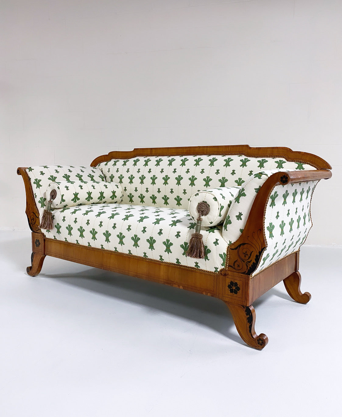 19th Century Biedermeier Parcel Ebonized Walnut Sofa in Beata Heuman "Florentine Flowers"