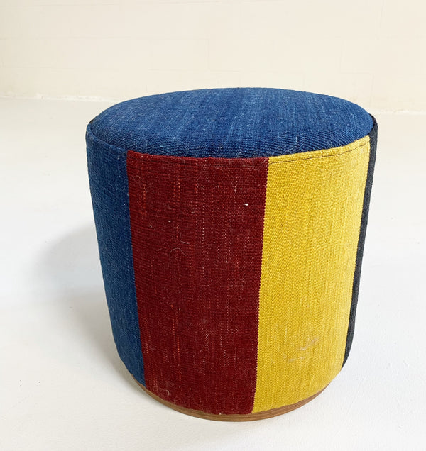 Stripe Wool Pouf Ottoman - Blue