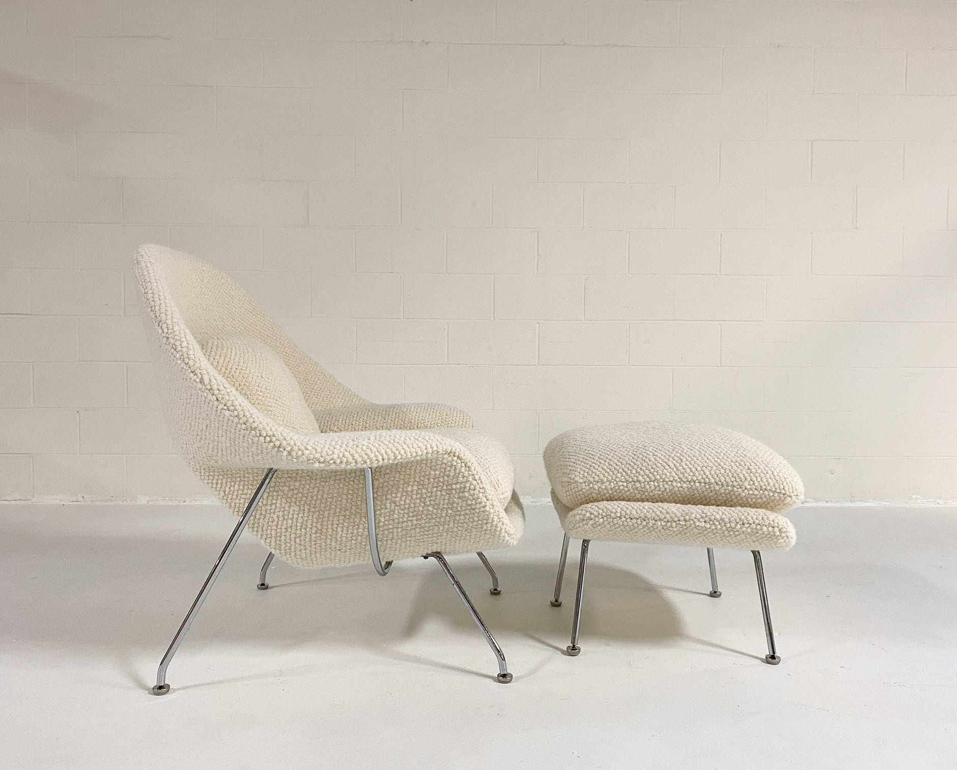 Bespoke Womb Chair and Ottoman in Dedar Boucle