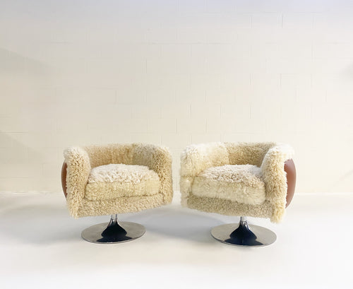 Swivel Lounge Chairs in California Sheepskin and Loro Piana Leather, pair - FORSYTH