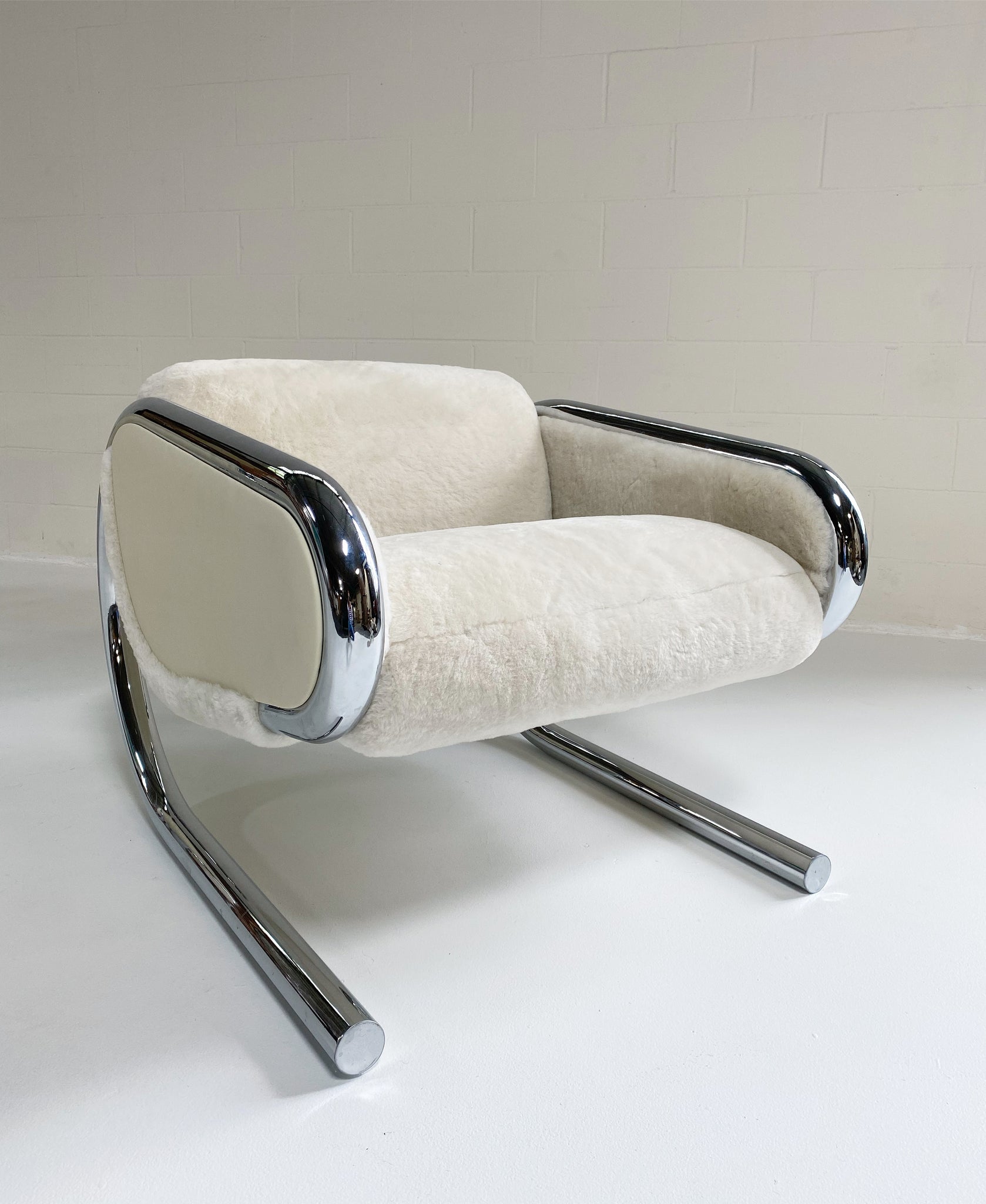 Chrome Lounge Chairs in Shearling and Leather