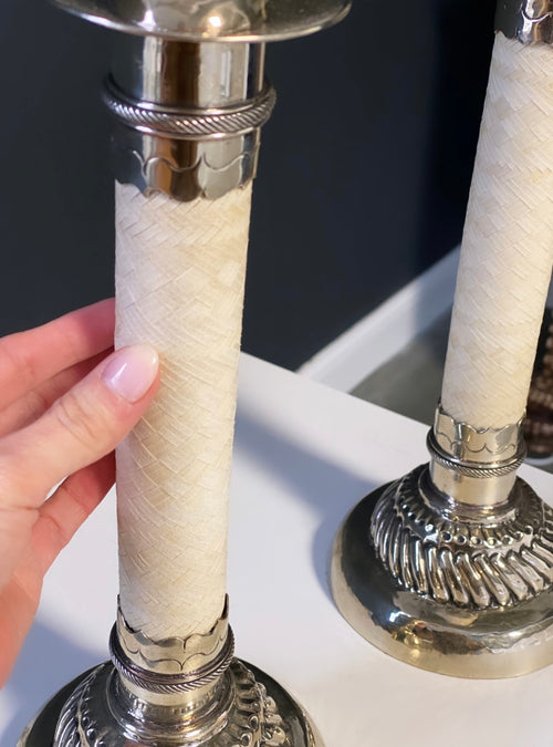 Silver and Leather Candlesticks, Pair