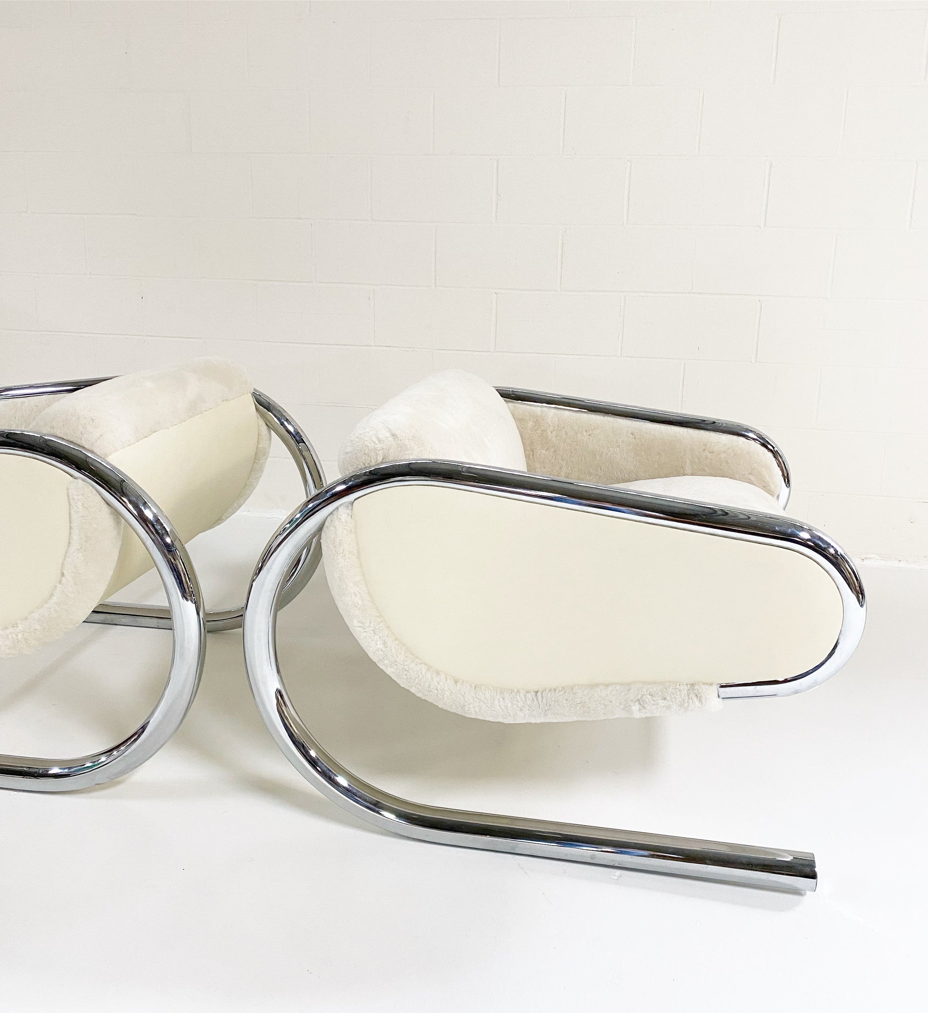 Chrome Lounge Chairs in Shearling and Leather