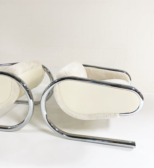 Chrome Lounge Chairs in Shearling and Leather