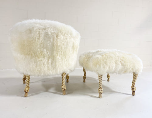 Napoleon III Style Twisted Rope and Tassel Carved Armchair and Ottoman Restored in Sheepskin