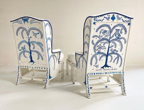 One-of-a-Kind, Hand-Painted 'Tree of Dream Birds' Set, Pair of Wingbacks with Ottoman