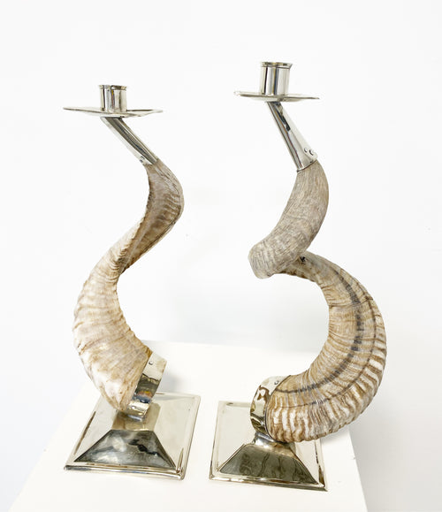 Large Horn and Silver Candlesticks, Pair