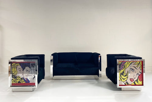 Chrome-plated Loveseat and Lounge Chairs with Lichtenstein Style Art in Brazilian Cowhide