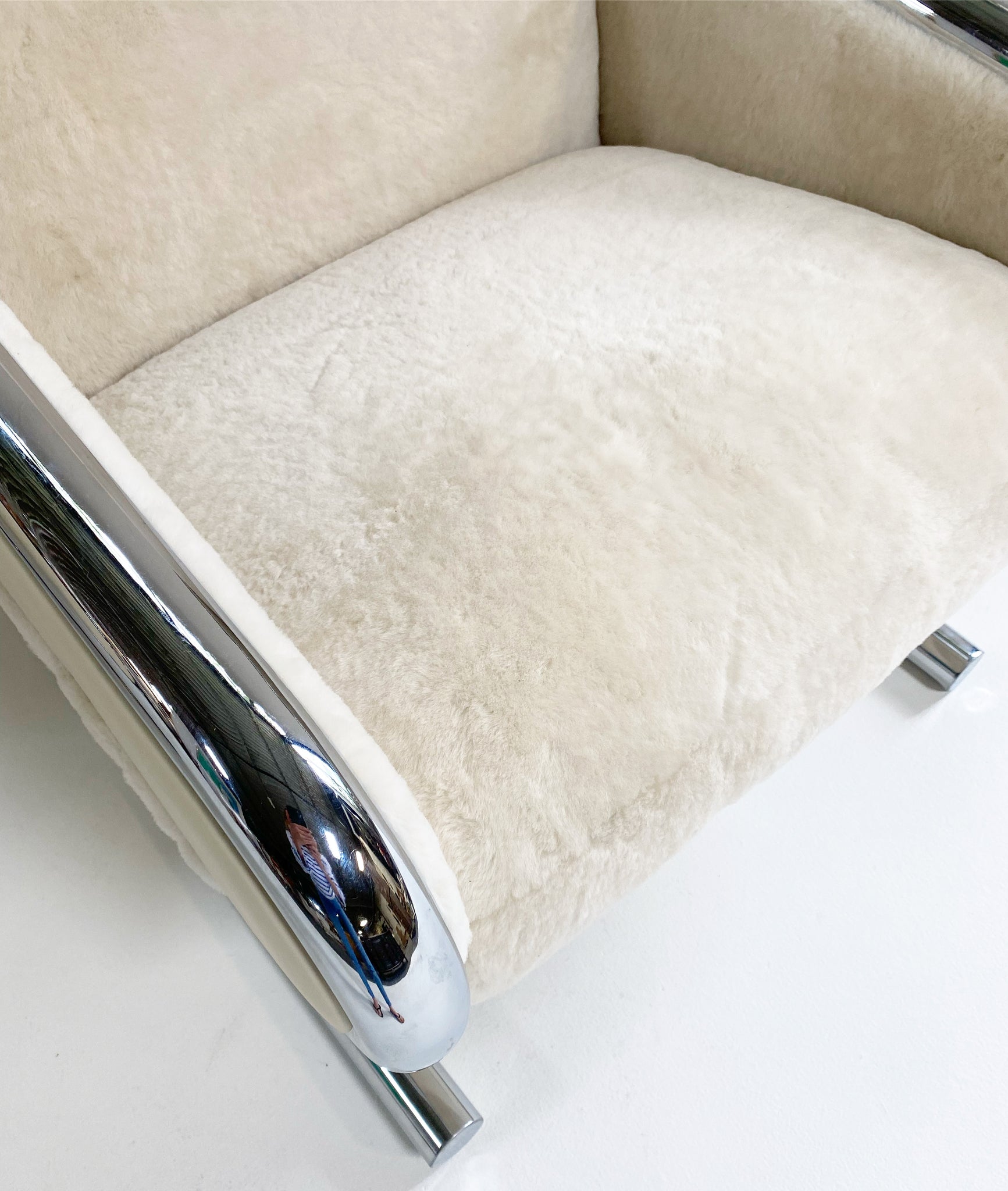 Chrome Lounge Chairs in Shearling and Leather