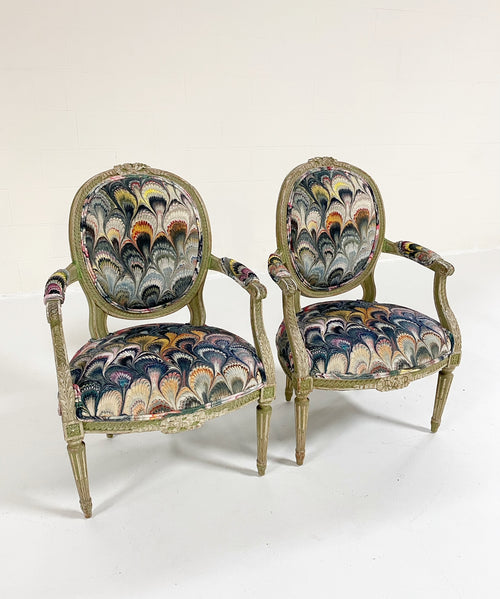 18th Century French Painted Chairs in Beata Heuman "Marbleized Velvet," pair