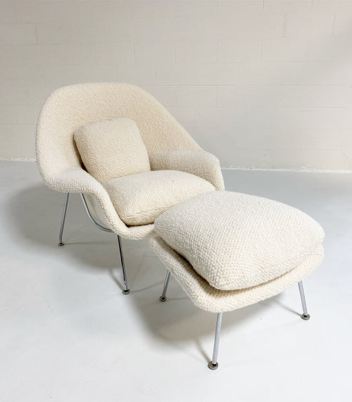 Bespoke Womb Chair and Ottoman in Dedar Boucle