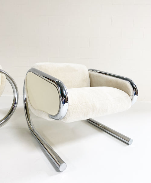 Chrome Lounge Chairs in Shearling and Leather