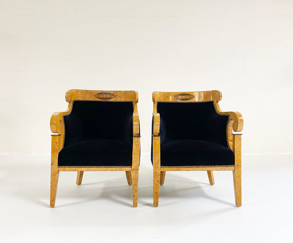 Biedermeier Marquetry Armchairs in Rose Uniacke Velvet, pair