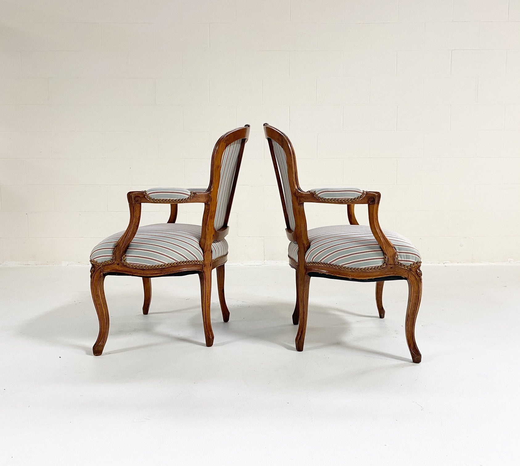 Louis XV Style Beech Fauteuils in Dedar Stripe, Pair