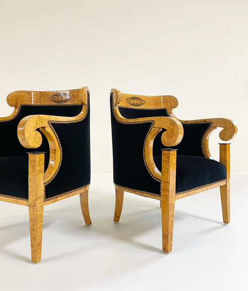 Biedermeier Marquetry Armchairs in Rose Uniacke Velvet, pair