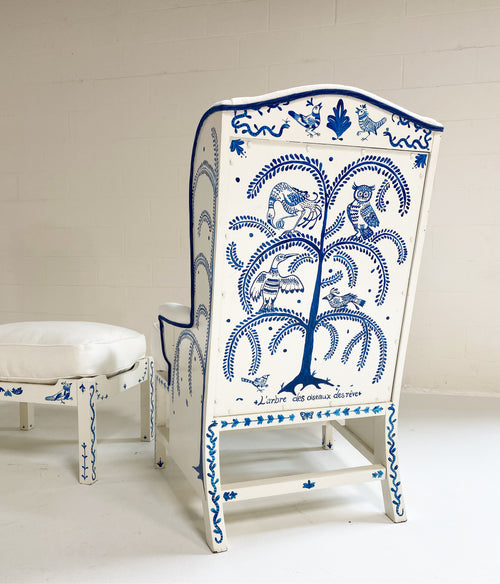 One-of-a-Kind, Hand-Painted 'Tree of Dream Birds' Set, Pair of Wingbacks with Ottoman