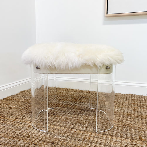 Charles Hollis Jones Style Lucite Vanity Stool in New Zealand Sheepskin