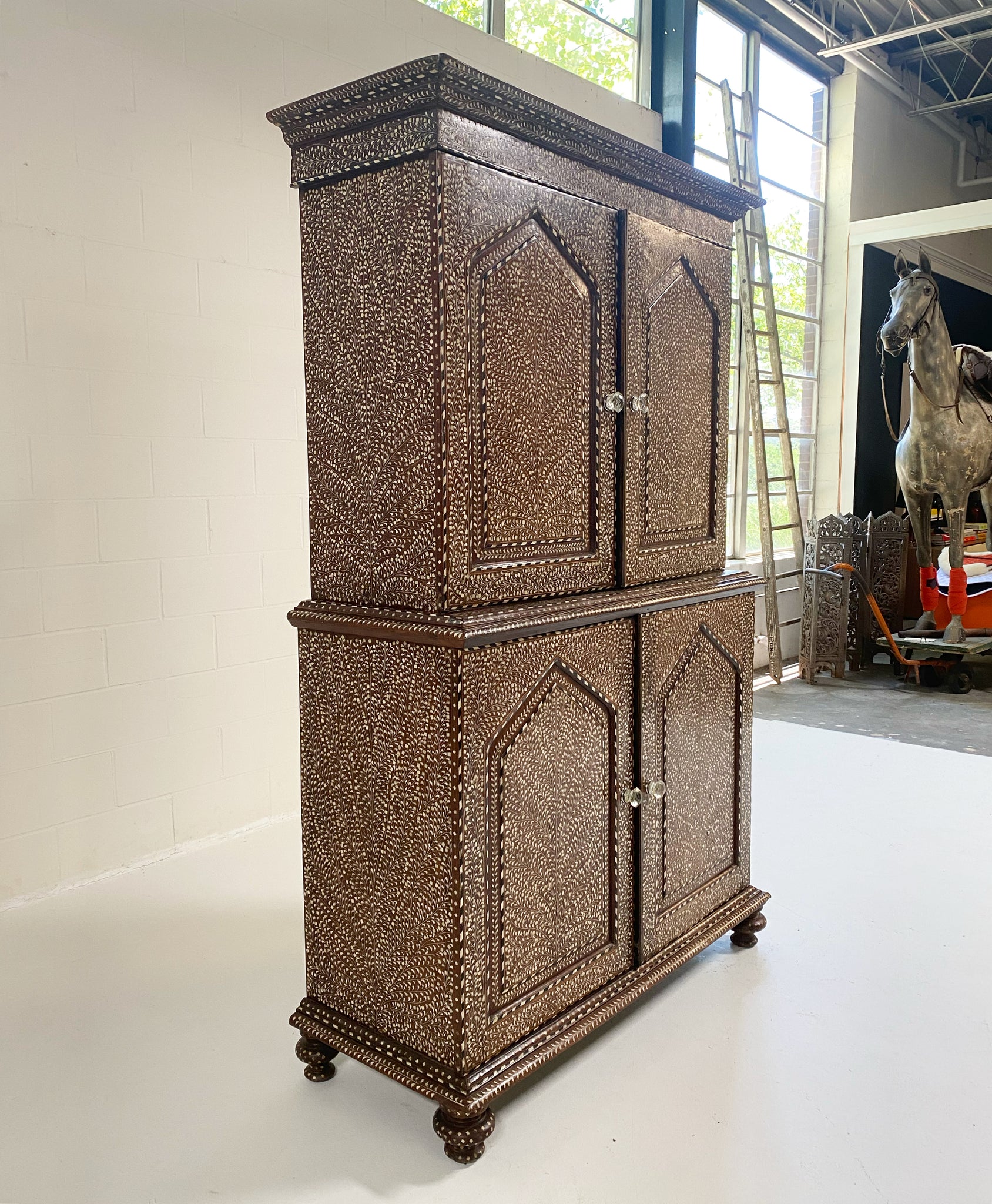 19th Century Anglo-Colonial Two-Part Bone Inlaid Cabinet