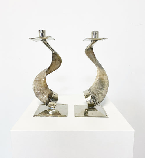 Horn and Silver Candlesticks, Pair