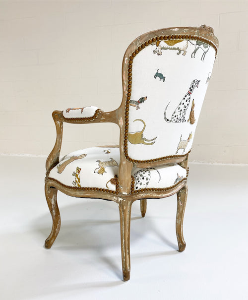 18th c. Louis XV Fauteuil Chair in Chelsea Textiles 'Dogs Socialising'