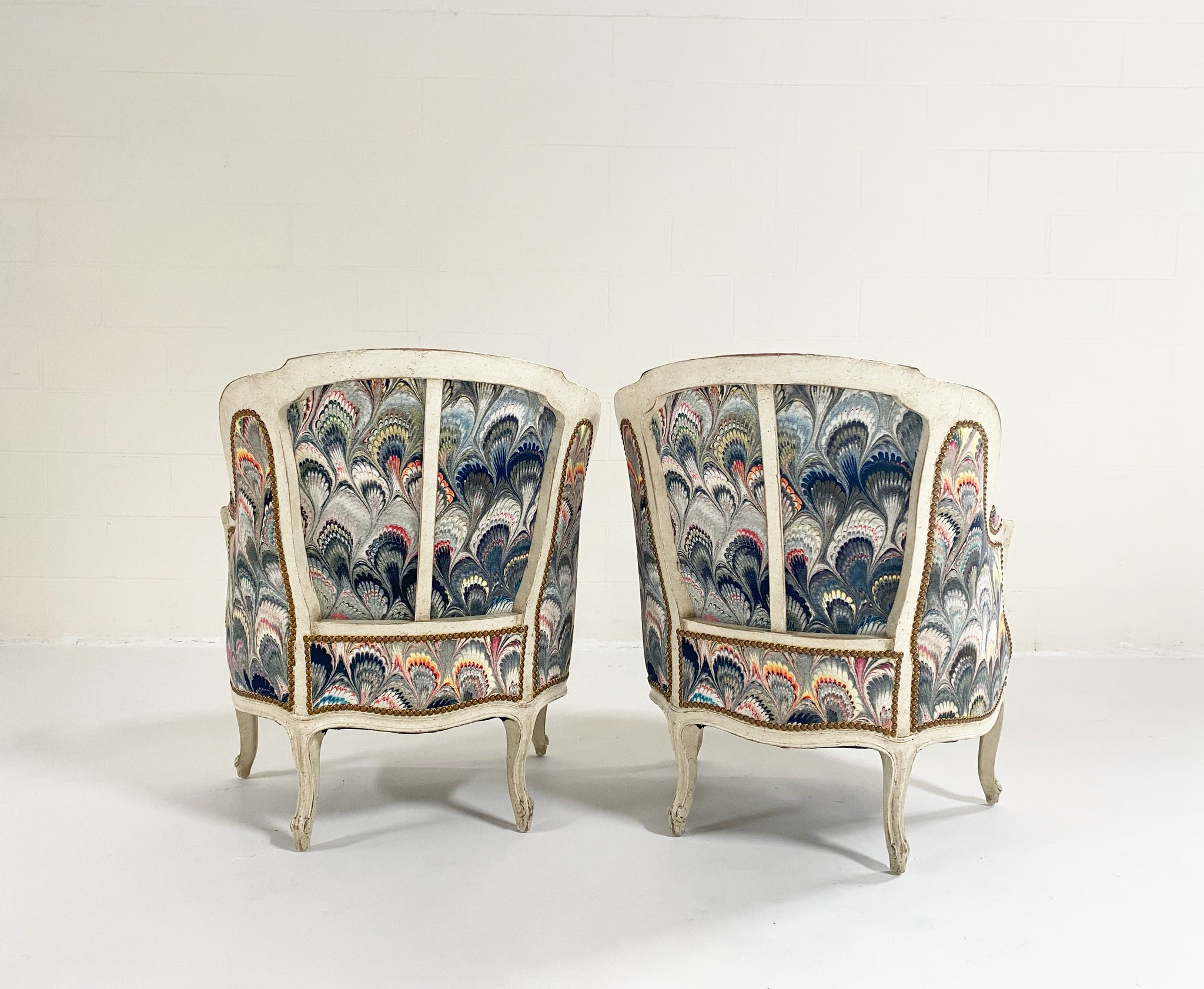 Vintage French Armchairs in Beata Heuman Marbleized Velvet, Pair
