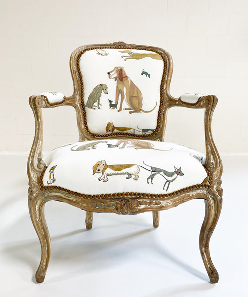 18th c. Louis XV Fauteuil Chair in Chelsea Textiles 'Dogs Socialising'