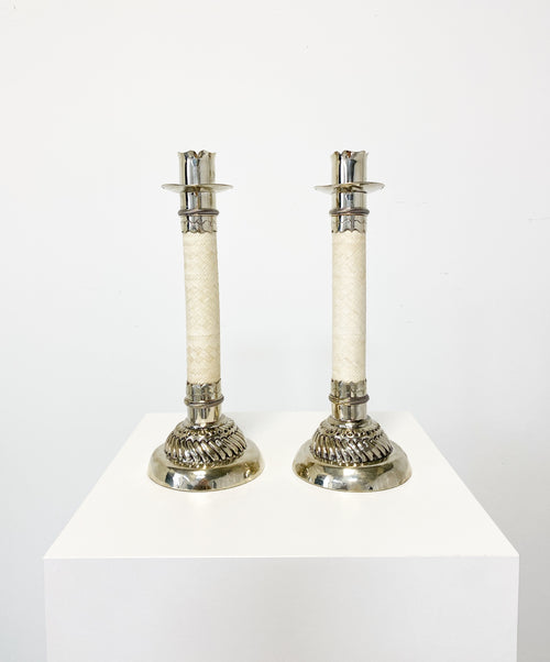 Silver and Leather Candlesticks, Pair