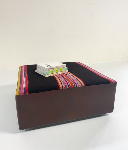 One-of-a-Kind Ottoman with Vintage Peruvian Textile, Black