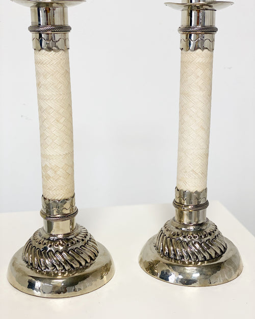 Silver and Leather Candlesticks, Pair