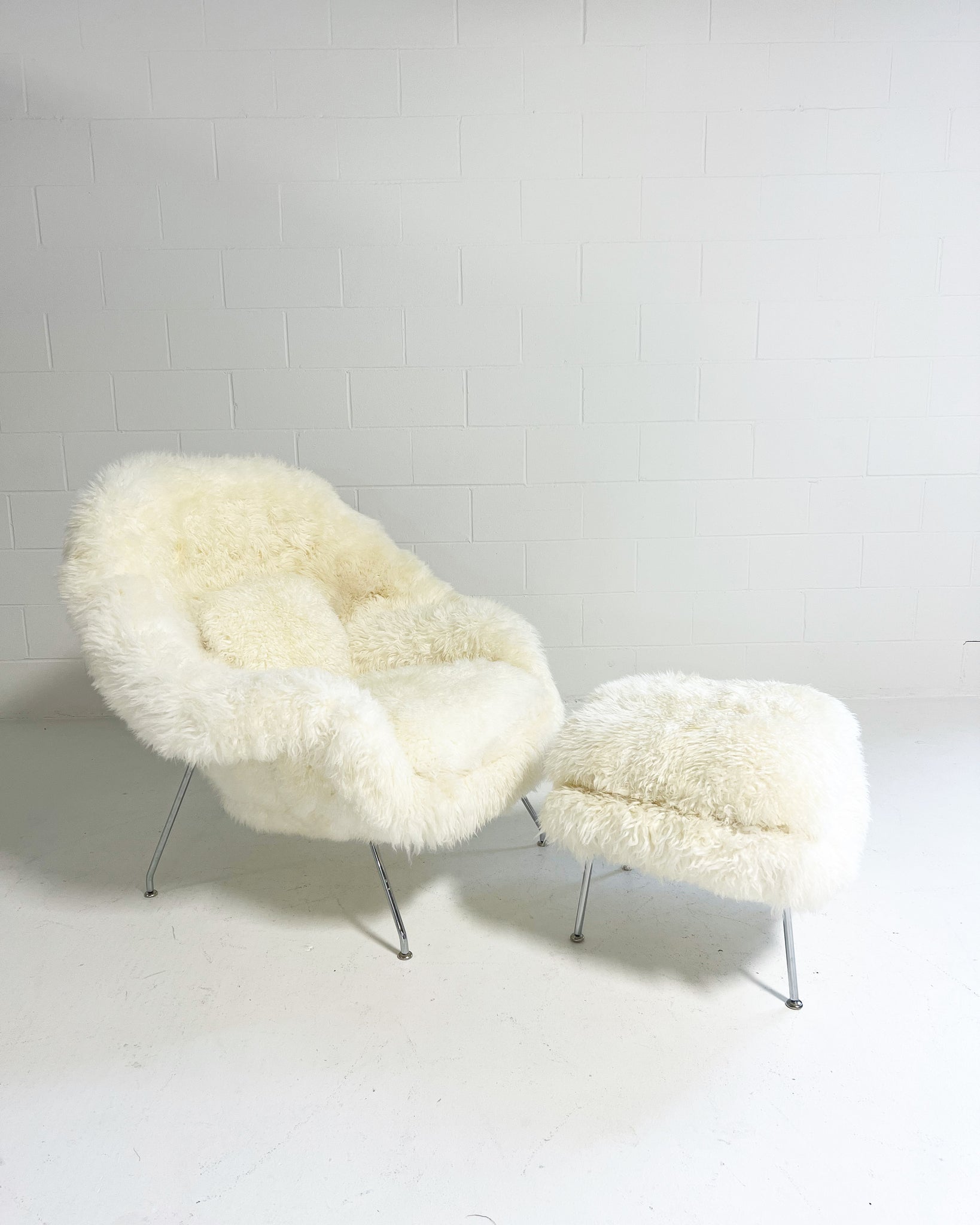 Bespoke Womb Chair and Ottoman in Wavy New Zealand Sheepskin