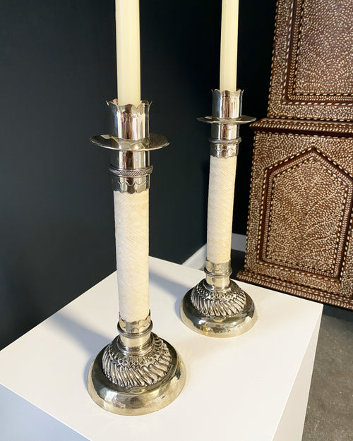 Silver and Leather Candlesticks, Pair