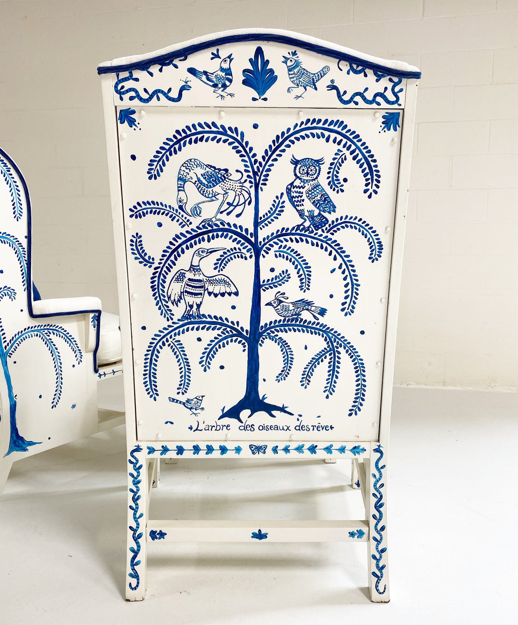 One-of-a-Kind, Hand-Painted 'Tree of Dream Birds' Set, Pair of Wingbacks with Ottoman
