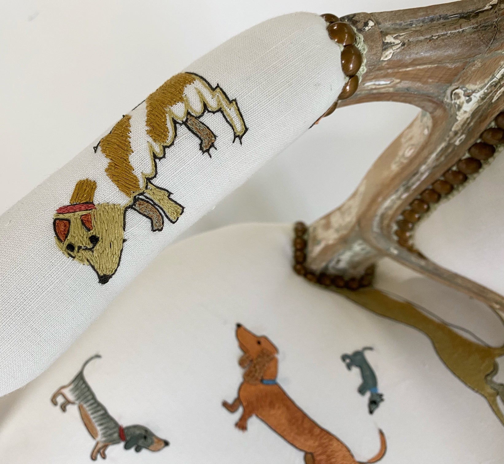 18th c. Louis XV Fauteuil Chair in Chelsea Textiles 'Dogs Socialising'