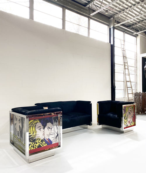 Chrome-plated Loveseat and Lounge Chairs with Lichtenstein Style Art in Brazilian Cowhide