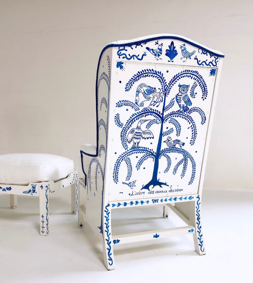 One-of-a-Kind, Hand-Painted 'Tree of Dream Birds' Set, Pair of Wingbacks with Ottoman