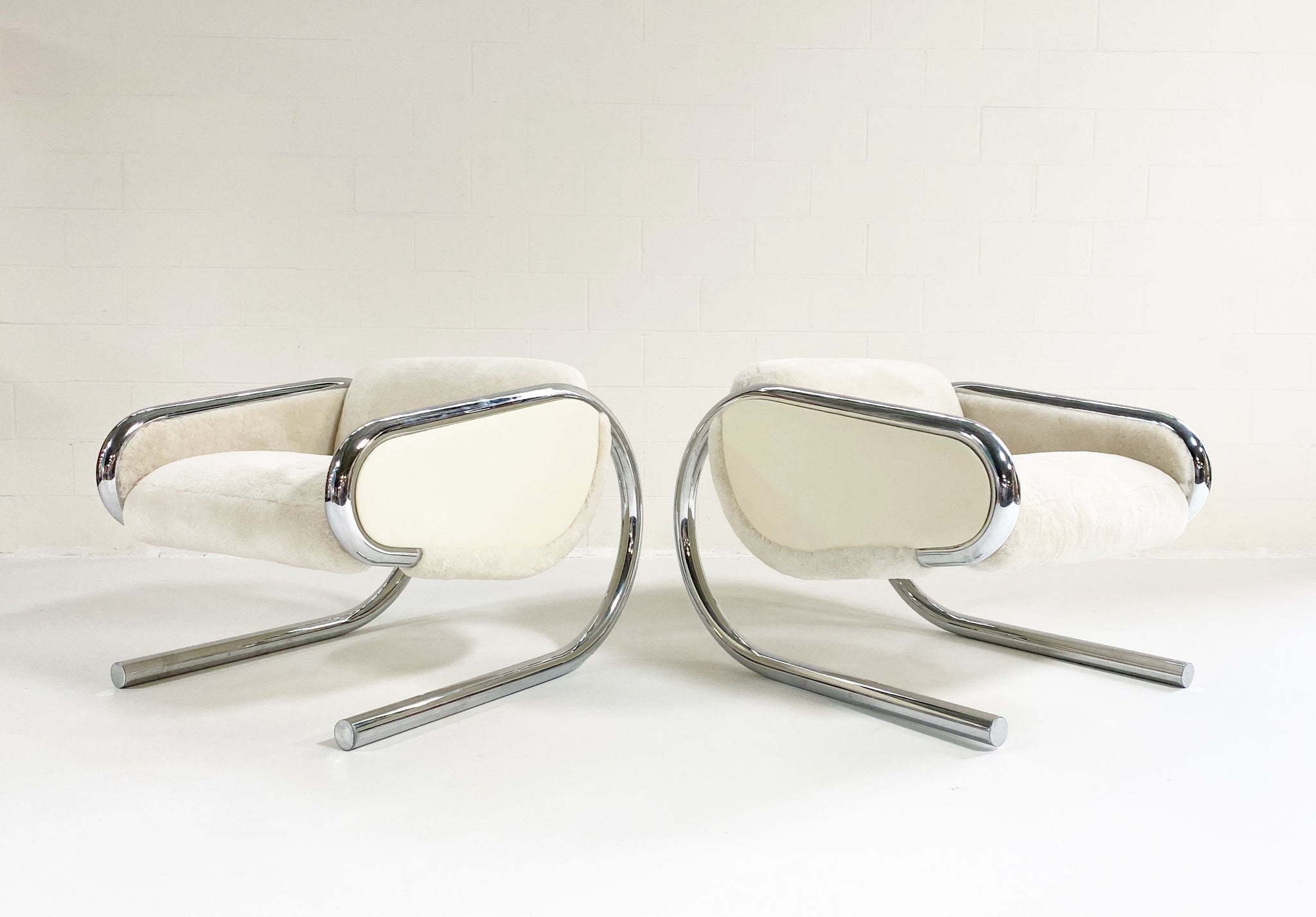 Chrome Lounge Chairs in Shearling and Leather