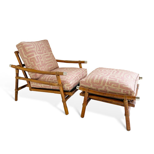 Vintage Ficks Reed Chair and Ottoman in St. Frank Terracotta Classic Kuba Cloth Fabric