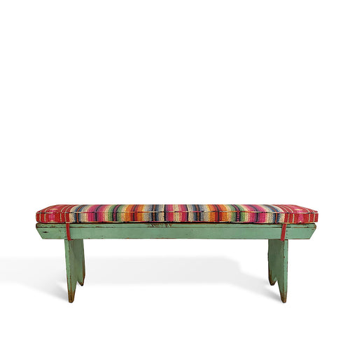 Vintage Farmhouse Bench with St. Frank Technicolor Frazada Cushion