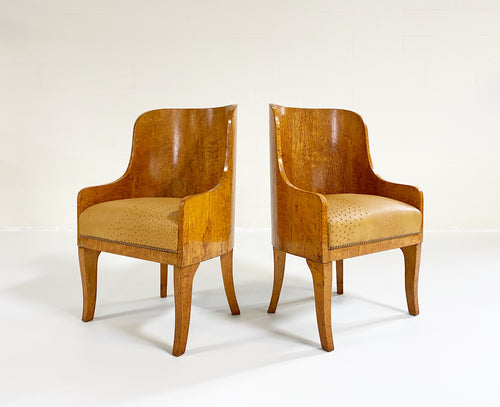 Biedermeier Gnarled Birch Armchairs in Ostrich Leather, pair